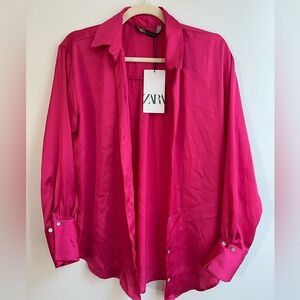 ZARA satin shirt in bright pink (brand new with tags)